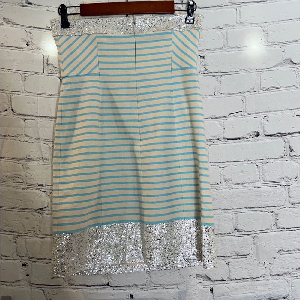 Lilly Pulitzer Blue & Ivory Striped Metallic Silver Trim Strapless Dress Size 0 - Picture 2 of 9